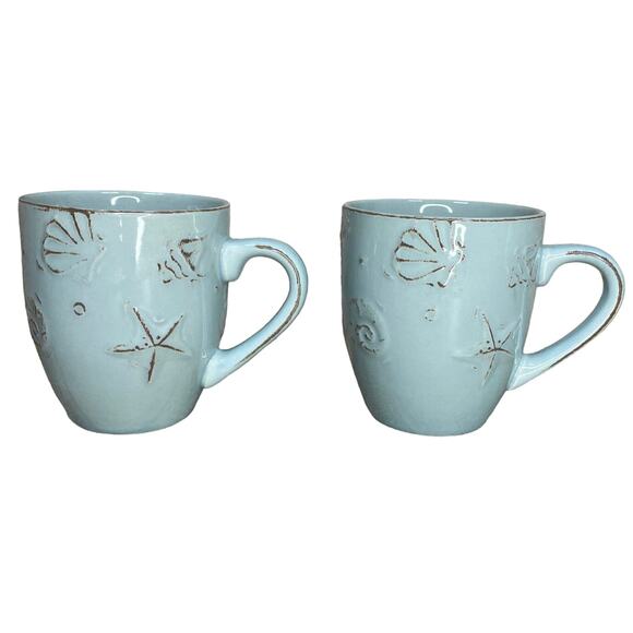 Thomson Pottery Cape Cod Stoneware Mugs Turquoise Blue Beach Coffee Cup Set of 2 - Picture 1 of 6